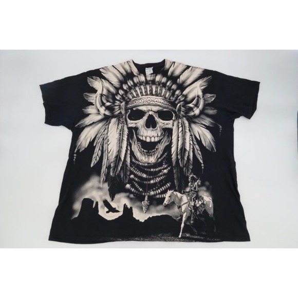 Jerzees Other - Jerzees‎ Skull Native American T-Shirt Mens 2XL Black All Over Graphic Tee XXL